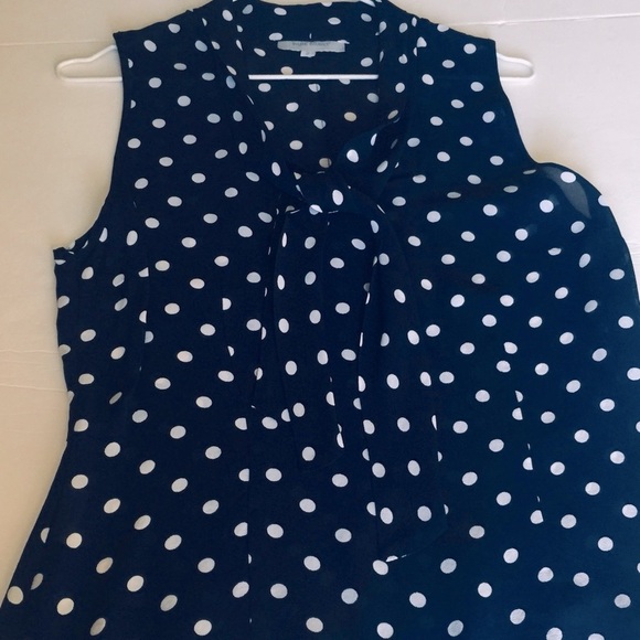 Beautiful Sheer Navy blue & white Polka Dot tank top with low Bow-tie collar - Picture 8 of 8
